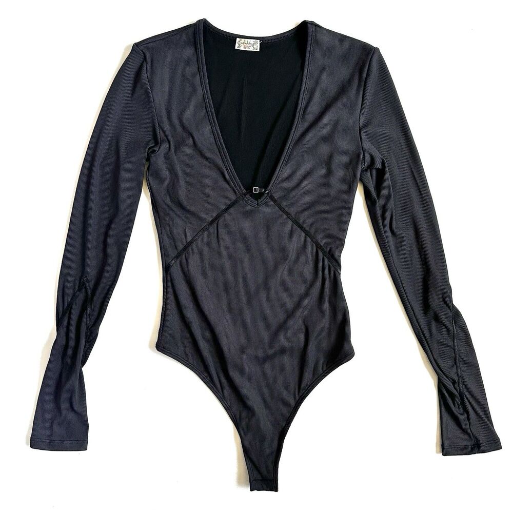 Free People Victoria Long Sleeve Ribbed Body Suit Women’s XS Grey V Neck Snap
